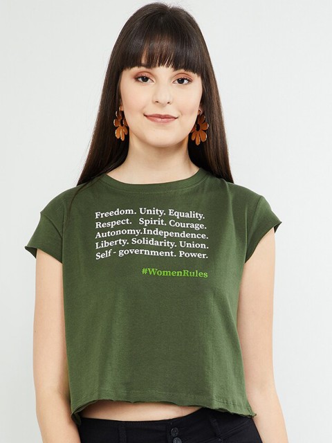 

max Women Green Printed Round Neck T-shirt
