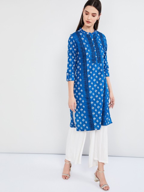 

max Women Blue & White Printed Straight Kurta