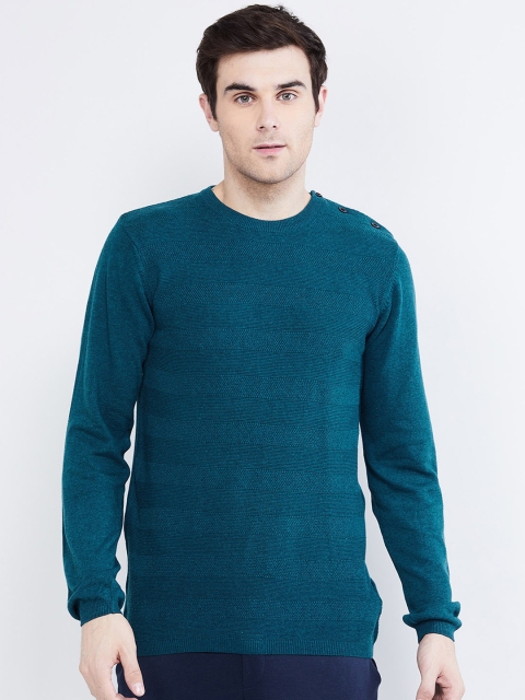 

max Men Teal Green Self Striped Pullover Sweater