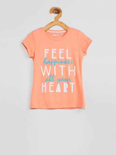 

max Girls Orange Printed Round Neck T-shirt