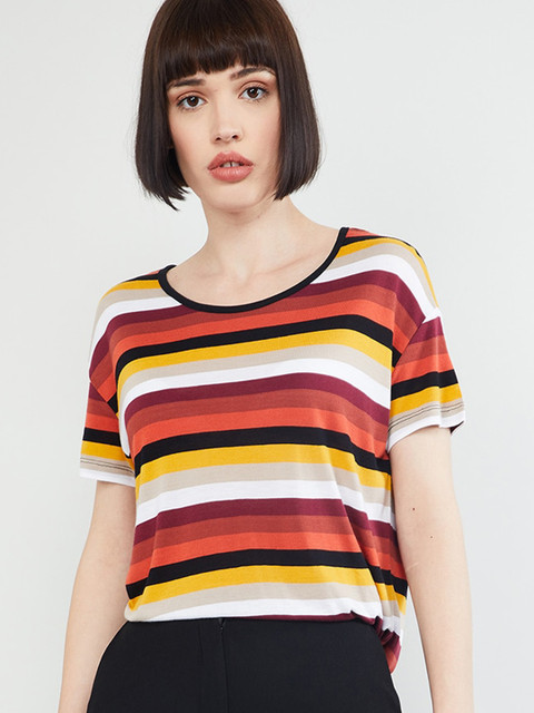 

max Women Red & White Striped Round Neck T-shirt