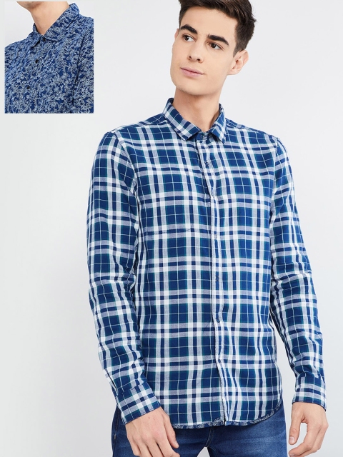 

max Men Blue & White Slim Fit Checked Reversible Casual Shirt