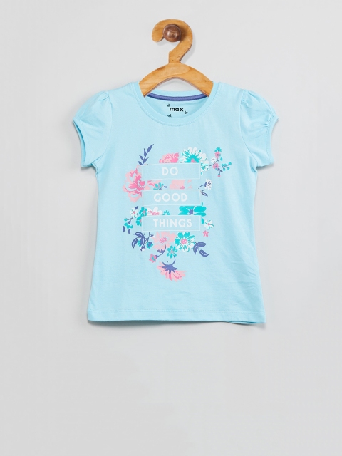 

max Girls Blue & Pink Printed Round Neck T-shirt