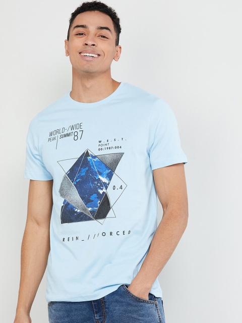 

max Men Blue Printed Round Neck T-shirt