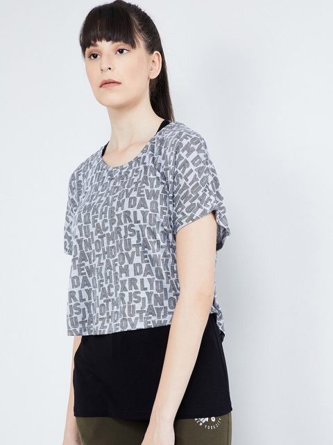 max Women Grey Melange & Black Printed Round Neck T-shirt