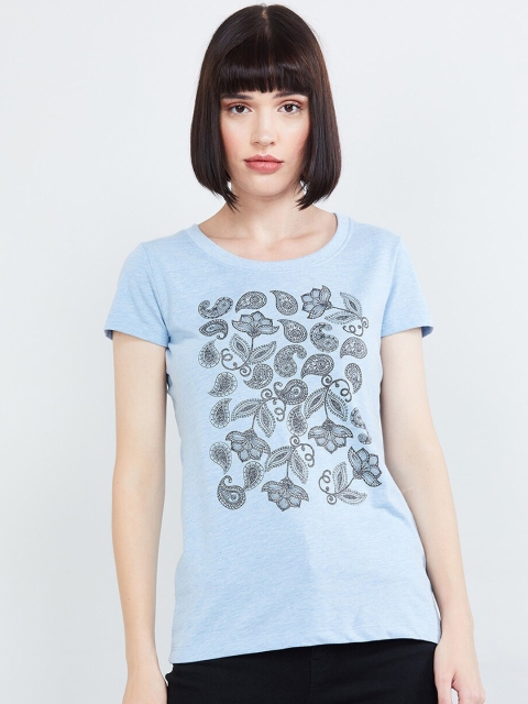 

max Women Powder Blue & Black Floral Print T-shirt