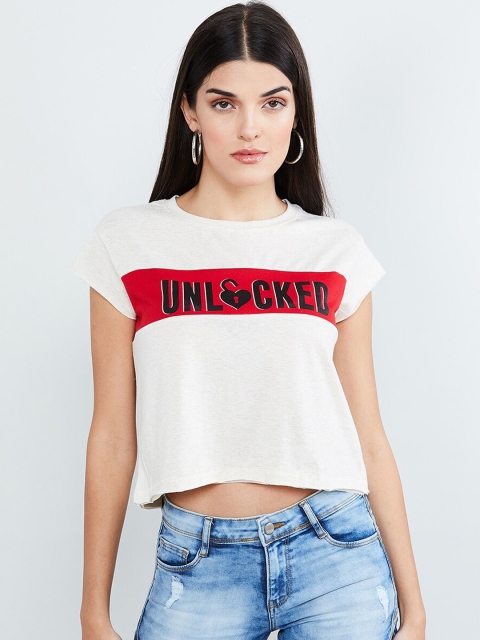 max Women Cream-Coloured Printed Round Neck Cotton T-shirt