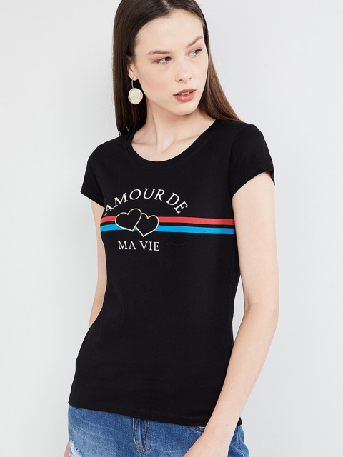 

max Women Black Printed Round Neck T-shirt