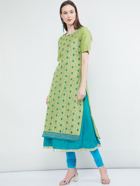 max Women Lime Green & Blue Floral Print Layered Straight Kurta