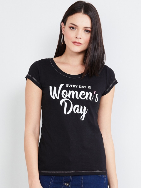 

max Women Black Printed Round Neck T-shirt