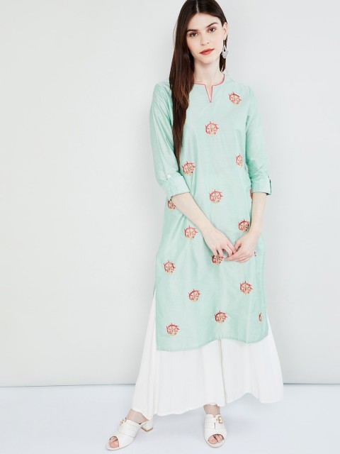 

max Women Sea Green & Red Embroidered Straight Kurta