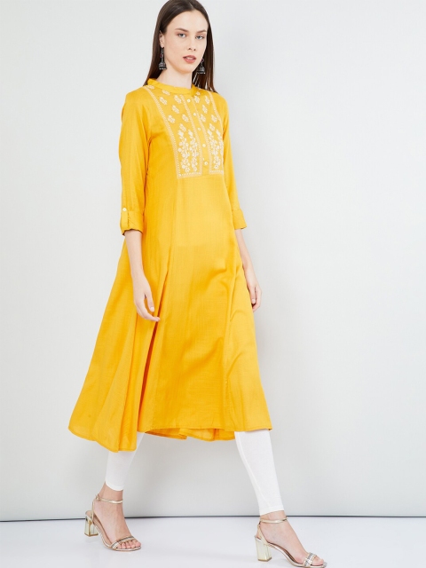 

max Women Yellow Embroidered A-Line Kurta