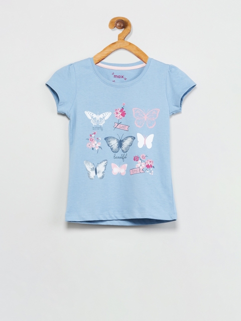 

max Girls Blue Printed Round Neck T-shirt