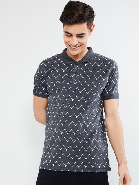 

max Men Grey Printed Polo Collar T-shirt