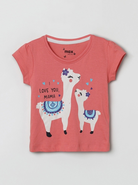 

max Girls Peach-Coloured Printed Round Neck T-shirt