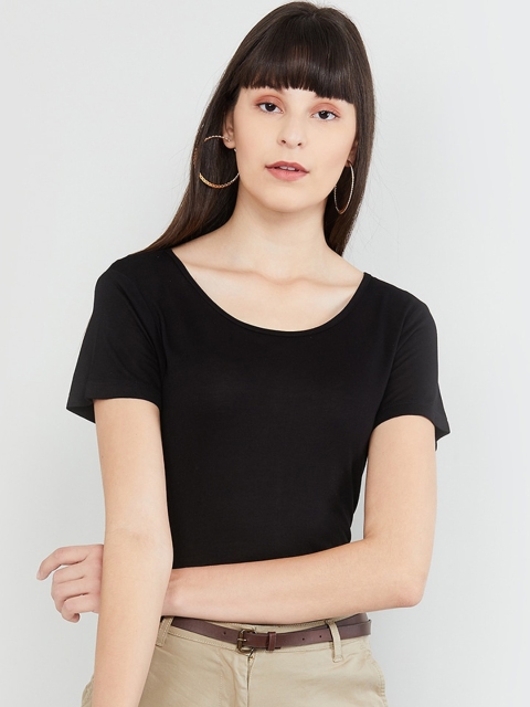 

max Women Black Solid Round Neck T-shirt