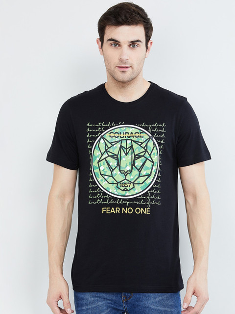 

max Men Black & Green Printed Round Neck T-shirt