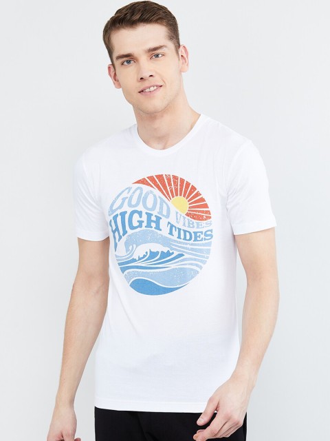 

max Men White Printed Round Neck T-shirt
