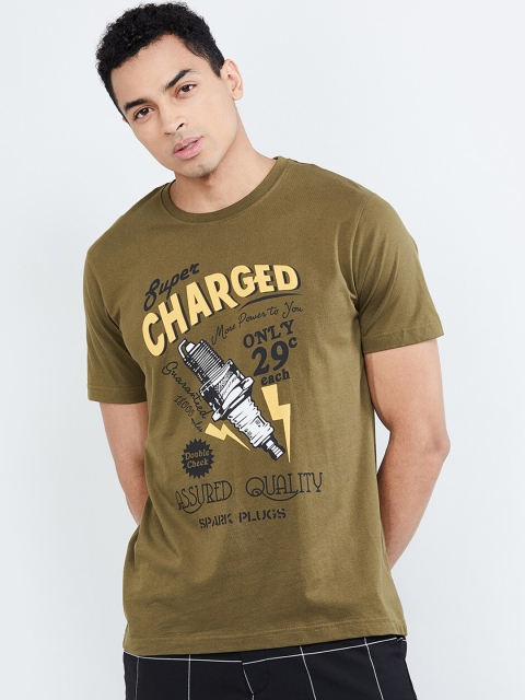 

max Men Olive Green Printed Round Neck T-shirt