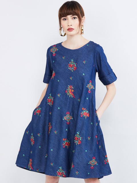 

max Women Blue & Red Floral Embroidered A-Line Dress