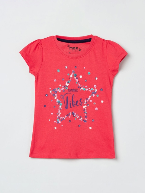 

max Girls Coral Red & White Floral Print Puff Sleeves Top