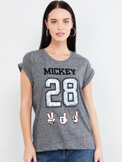 

max Women Grey & Black Printed Round Neck T-shirt