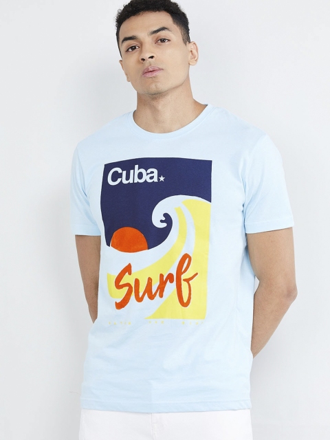 

max Men Blue Printed Round Neck T-shirt