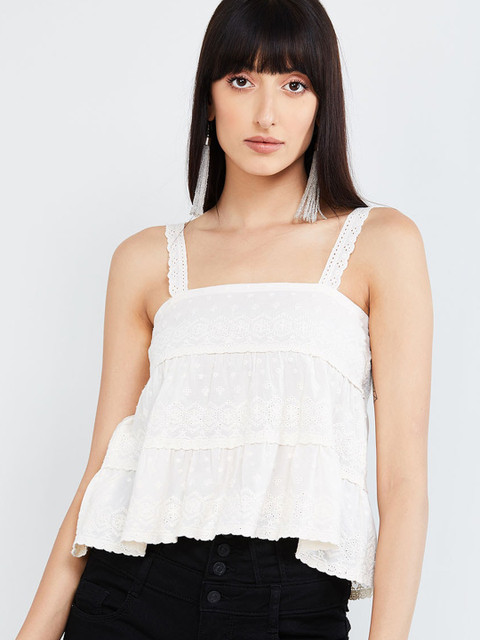

max Women White Embroidered Tank Top