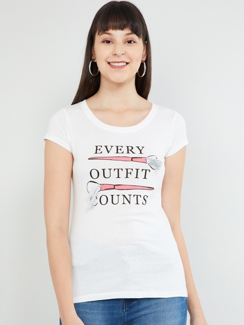 

max Women White Printed Round Neck T-shirt