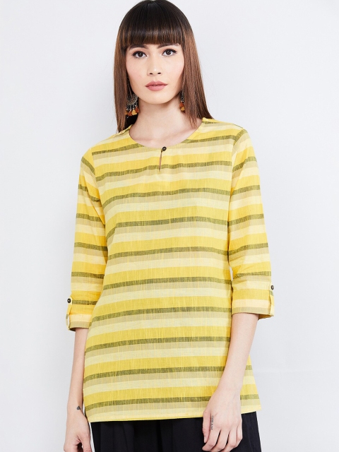 max Women Yellow & Olive Green Striped Pure Cotton Straight Kurti