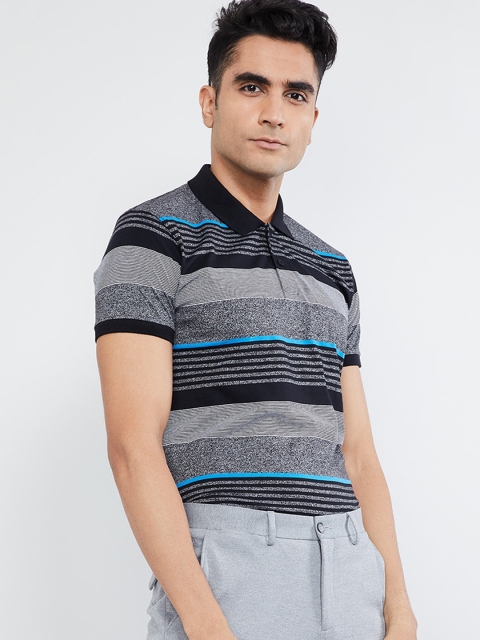 

max Men Grey & Black Striped Polo Collar T-shirt