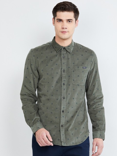 

max Men Olive Green & Blue Slim Fit Printed Casual Shirt