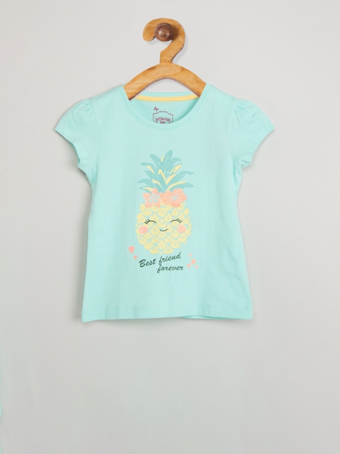 

max Girls Turquoise Blue Printed Round Neck T-shirt