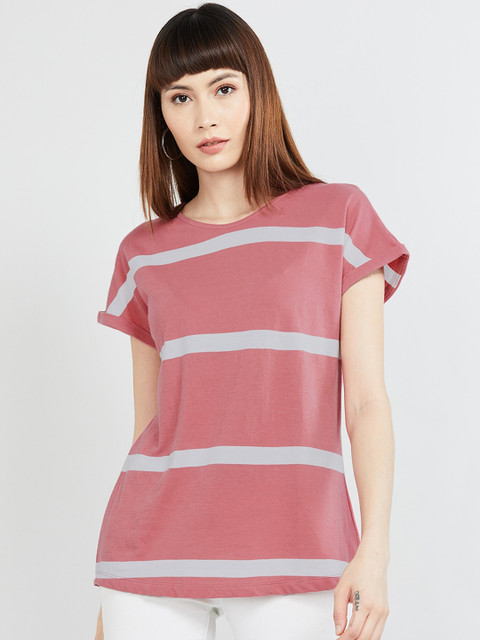 

max Women Pink & Grey Striped Round Neck T-shirt