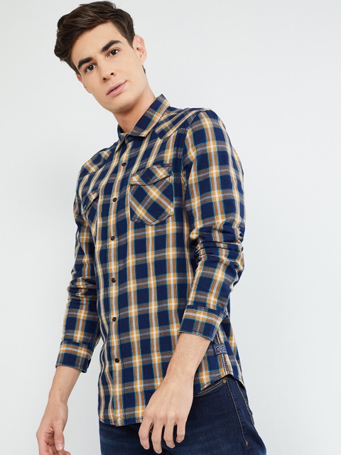 

max Men Yellow & Blue Slim Fit Checked Casual Shirt