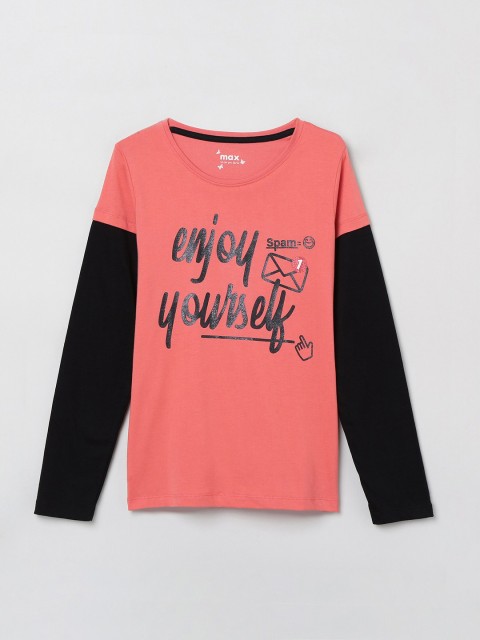 

max Girls Coral Pink Printed Round Neck T-shirt