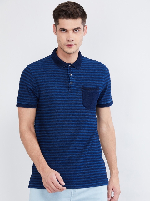 

max Men Blue Striped Polo Collar T-shirt