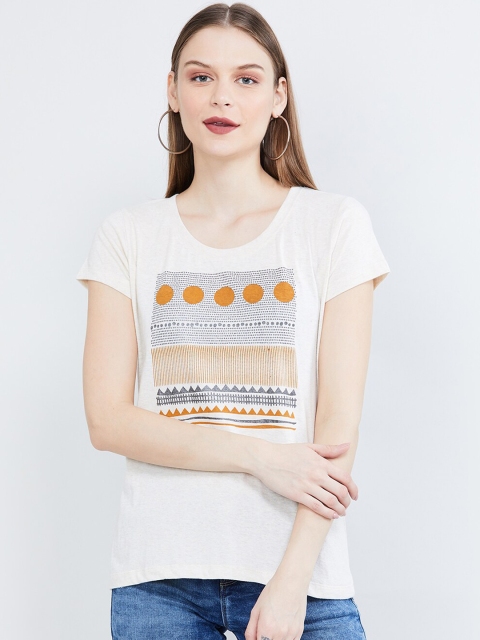 

max Women Off-White Printed Round Neck T-shirt