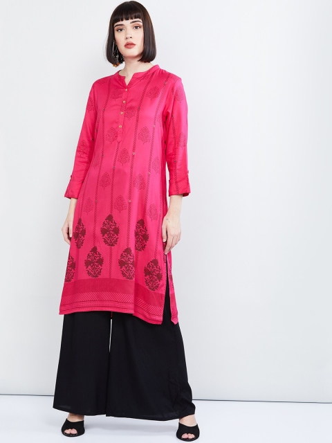 

max Women Pink & Black Printed Straight Kurta