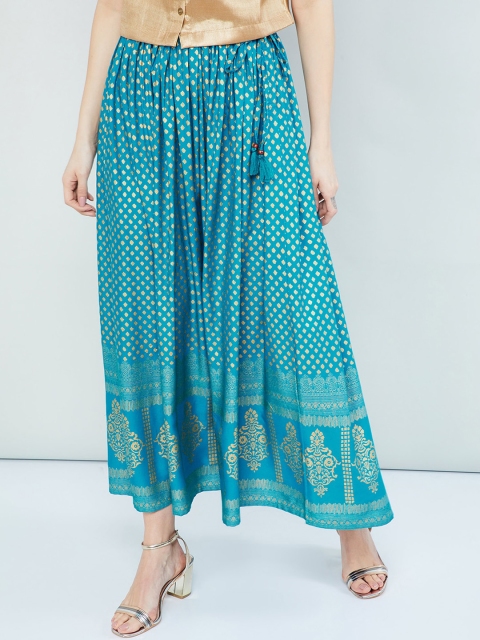 

max Women Turquoise Blue & Beige Printed Flared Maxi Skirt