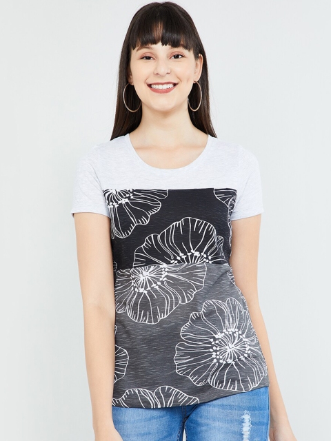 

max Women Charcoal Grey & White Floral Printed Round Neck T-shirt