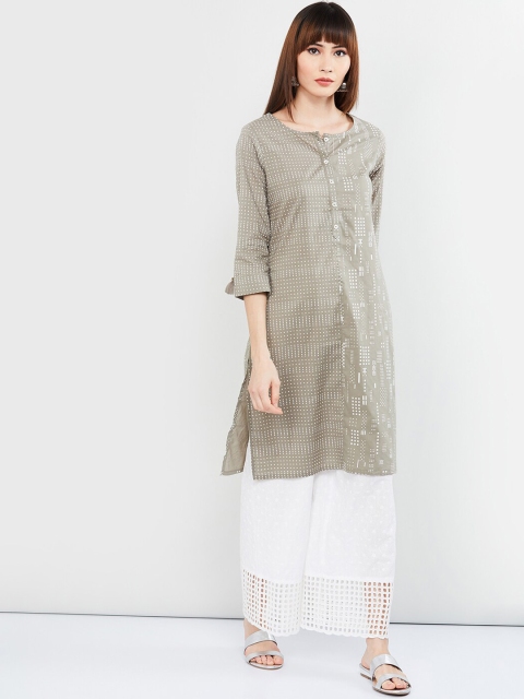 

max Women Grey & Off-White Printed Straight Kurta