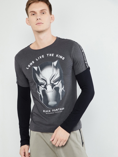 

max Men Grey & Black Printed Round Neck Slim Fit T-shirt