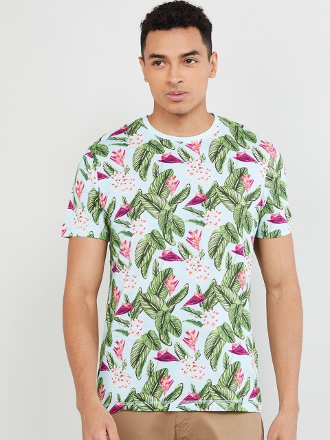 

max Men Blue Floral Printed Round Neck T-shirt
