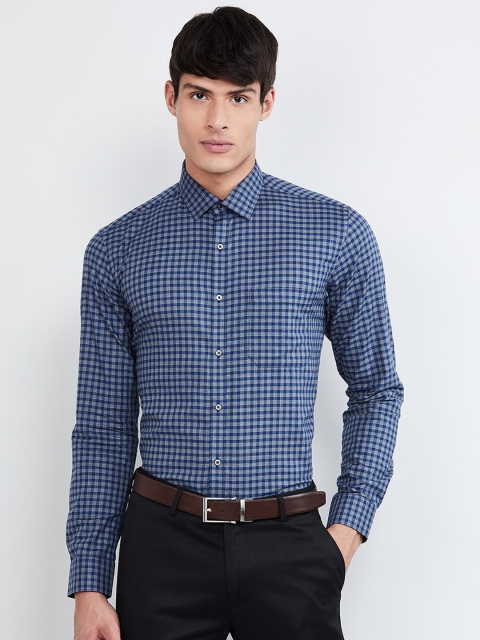 

max Men Navy Blue & Grey Slim Fit Checked Formal Shirt