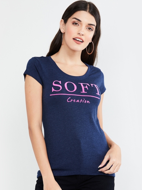 

max Women Navy Blue Solid Round Neck T-shirt
