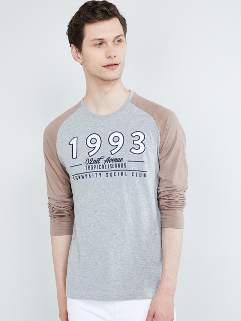 

max Men Grey Melange Printed Round Neck T-shirt