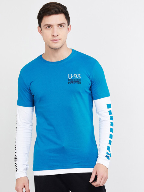 

max Men Blue & White Printed Round Neck T-shirt