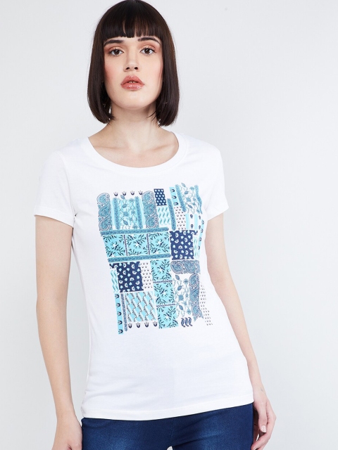 

max Women White & Blue Printed Round Neck T-shirt