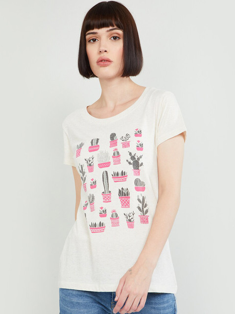 

max Women Cream-Coloured Printed Round Neck T-shirt